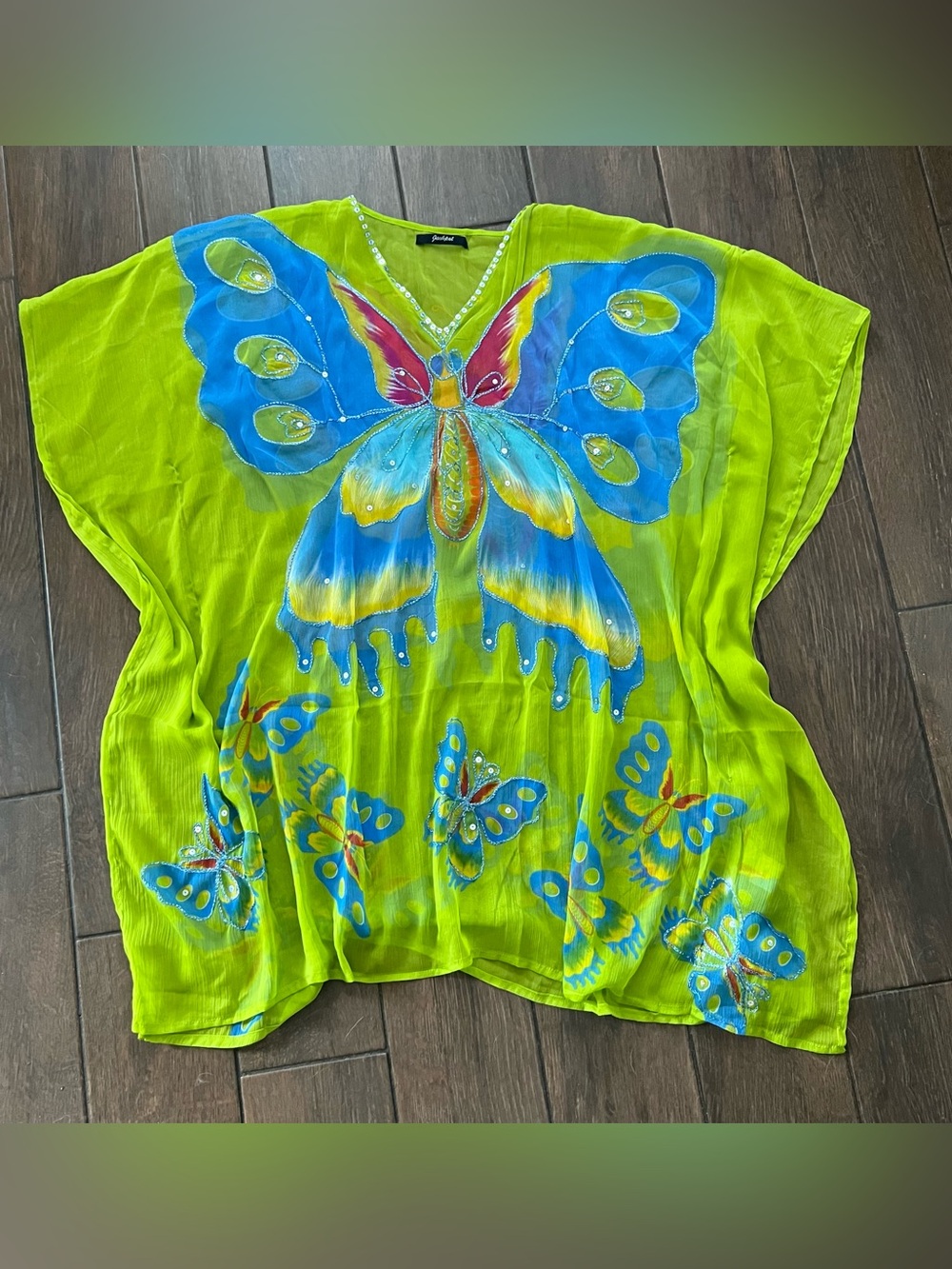 Bright Green Boho Butterfly Print Women's Swim Cover Semi Sheer Top One Size